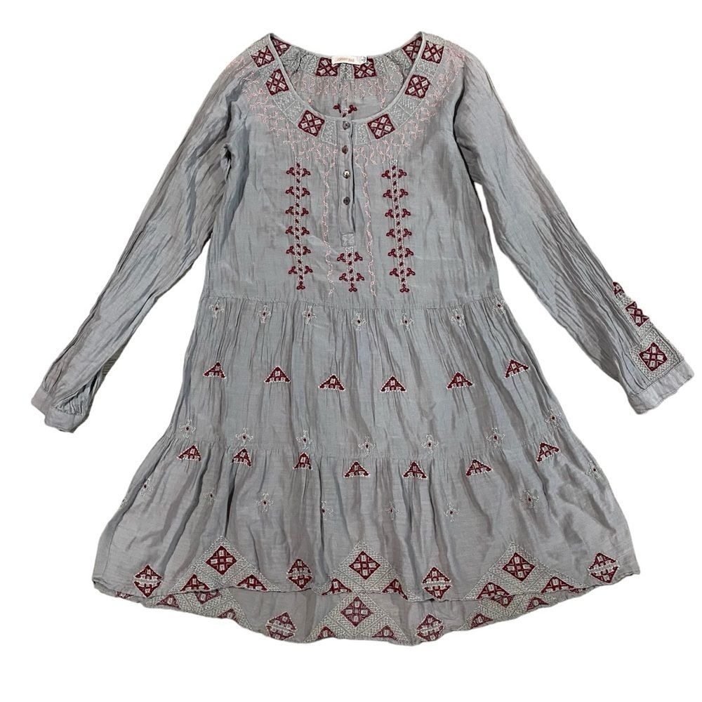 Johnny Was Embroidered Tunic Dress Bohemian Long Sleeve Gray Size M
